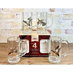 Wild Wings Game Bird Beer Stein Glass Set NOS Pheasant Duck Cabin Glass Vintage